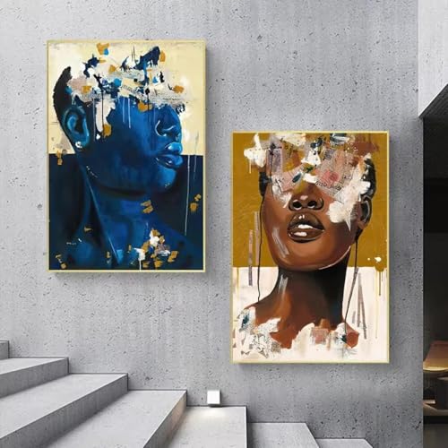 Portrait africain abstrait aquarelle décoration murale salon toile marron bleu