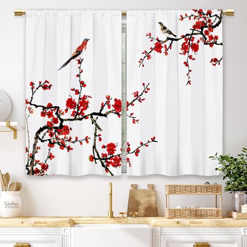 Laifzere Red Floral Cherry Kitchen Curtains Flower Small Short Cafe Window Curtains Blossom Asian Japanese Plum Aesthetic Rod Pocket Bathroom Window Drapes Treatment Tier Curtains (27.5x39 Inch)