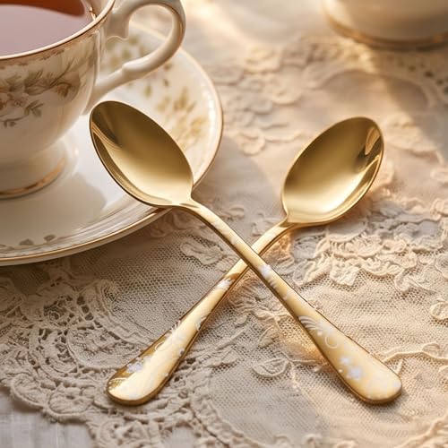 Image of 6.7 inch Aurum Gold Dessert Spoons with Floral Printed Handle | Set of 5 Durable Stainless Steel Teaspoons | Mirror Polished Silverware for Home, Restaurants, and Gift Giving