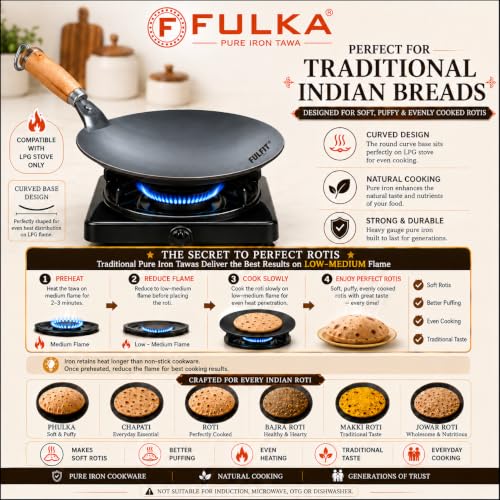 Image of Pure Iron Tawa for Roti /Chapati | Heavy Base Curved Loha Tawa with Rivet-Less Handle | Naturally Non-Stick & Chemical Free | Preseasoned with 100% Veg Oil | 1.5KG, 27CM / 10.6inch Concave