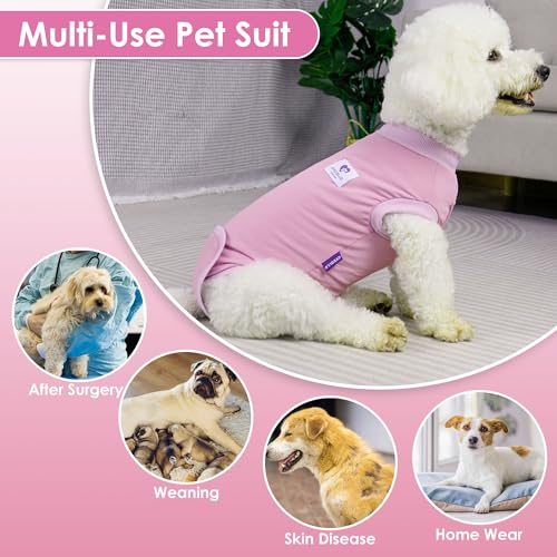 Image of cyeollo 2pack Surgery Recovery Suit for Dogs Cats Soft Breathable Female Male Pet Bodysuit After Surgery for Spay, Neuter, Surgical Recovery Onesie Shirt for Small Dogs, Pink & Purple, M