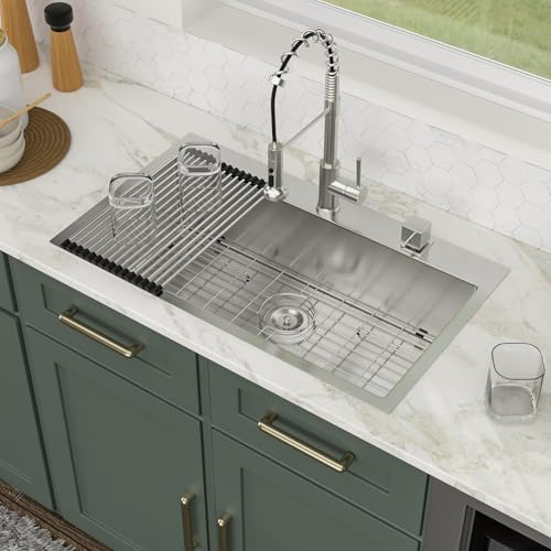Logmey 33 Drop In Kitchen Sink - 33x19 Inches Stainless Steel Drop-in Kitchen Sinks 16 Gauge Round Corner Topmount Sink Overmount Single Bowl Kitchen Sinks