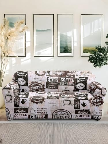 Amazon Brand - Solimo Polyester Streachable Retro Printed Coffee Day Sofa Cover (Two Seater Sofa Cover,Cream)