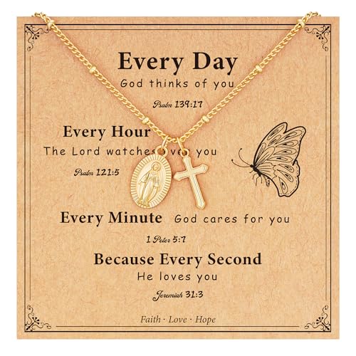 Jesvo Catholic Christian Necklace Gifts for Teen Girls Women Virgin Mary Cross Charm Necklace Jewelry Gifts Ideas Stuffer for Her Teens Teenage Tween Kids Age 8-12