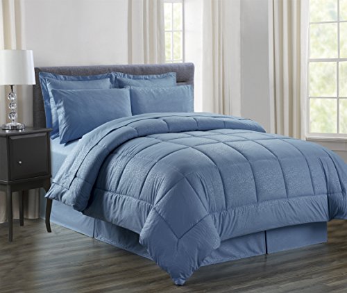 Image of Sweet Home Collection 8 Piece Bed in A Bag with Dobby Stripe Vine Comforter, Sheet Set, Bed Skirt and Sham Set, Ocean Blue, Queen
