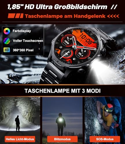 Smartwatch Herren Militär,800 mAh Akku/1,85'' HD-Display-Sportuhr mit Taschenlampe/100+ Sportmodi,IP68 Wasserdicht Fitnessuhr mit Herzfrequenz,SpO2,Schlafmonitor für Android iOS 2 Armbänders – Bild 3