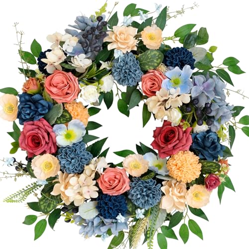 CIR OASES 22-inch Spring Wreath, Blue Yellow Hydrangea Red Rose Green Leaf Wreath, Spring Summer Front Door Corridor Fireplace Decoration, Festival Party Shop Decoration