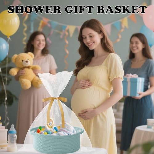 Image of Woven Rope Basket - Baby Gift Basket with Bag & Ribbon, Aqua