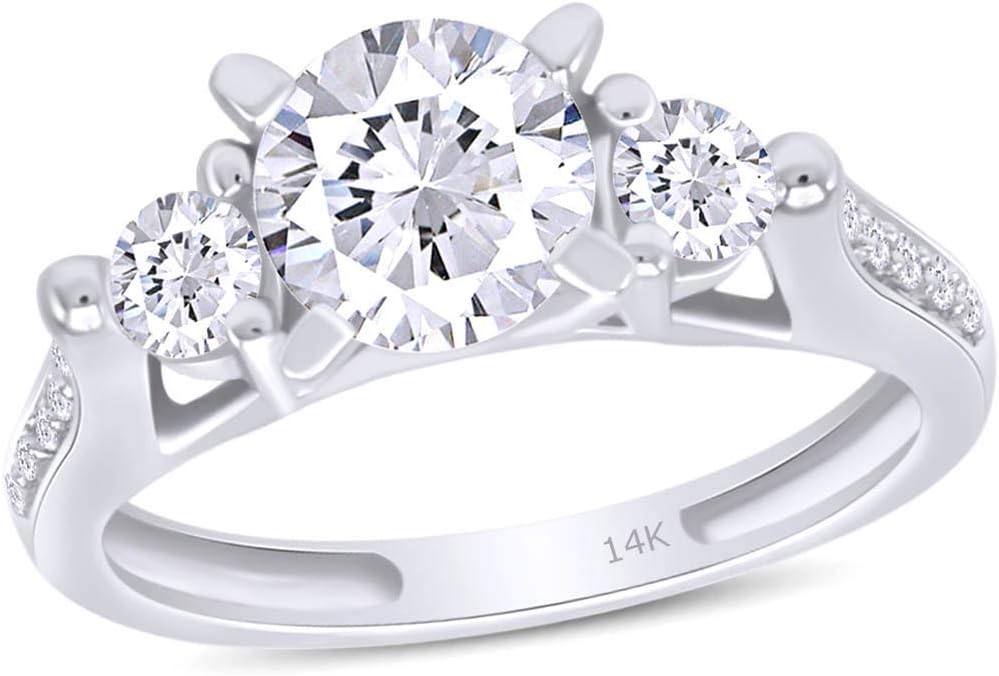 AFFY 14k Solid Gold CZ Cubic Zirconia Round Cut Ladies Three 3 Stone Engagement Ring Side Stones