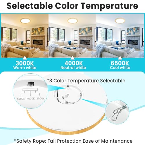 Image of libtit 2 Pack 12Inch Wooden LED Flush Mount Ceiling Light, 28W 3200lm Adjustable 3000K-6500K Color Temp | Round Lamp for Bathroom /Shower /Hallway /Kitchen