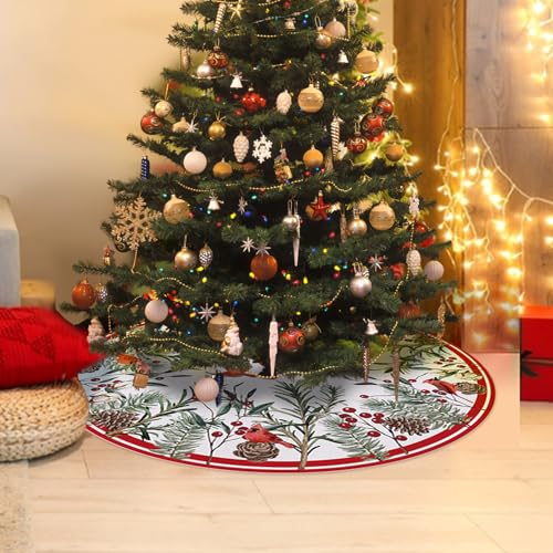 Fzbali FZ-0223-TS-48 Cardinal Pine Needle Christmas Tree Skirt, 48 Inches Lace-Up Red Birds Berry Xmas Tree Skirt, Pine Cone Cotton Holiday Party Indoor Decoration Home Decor thumb #4