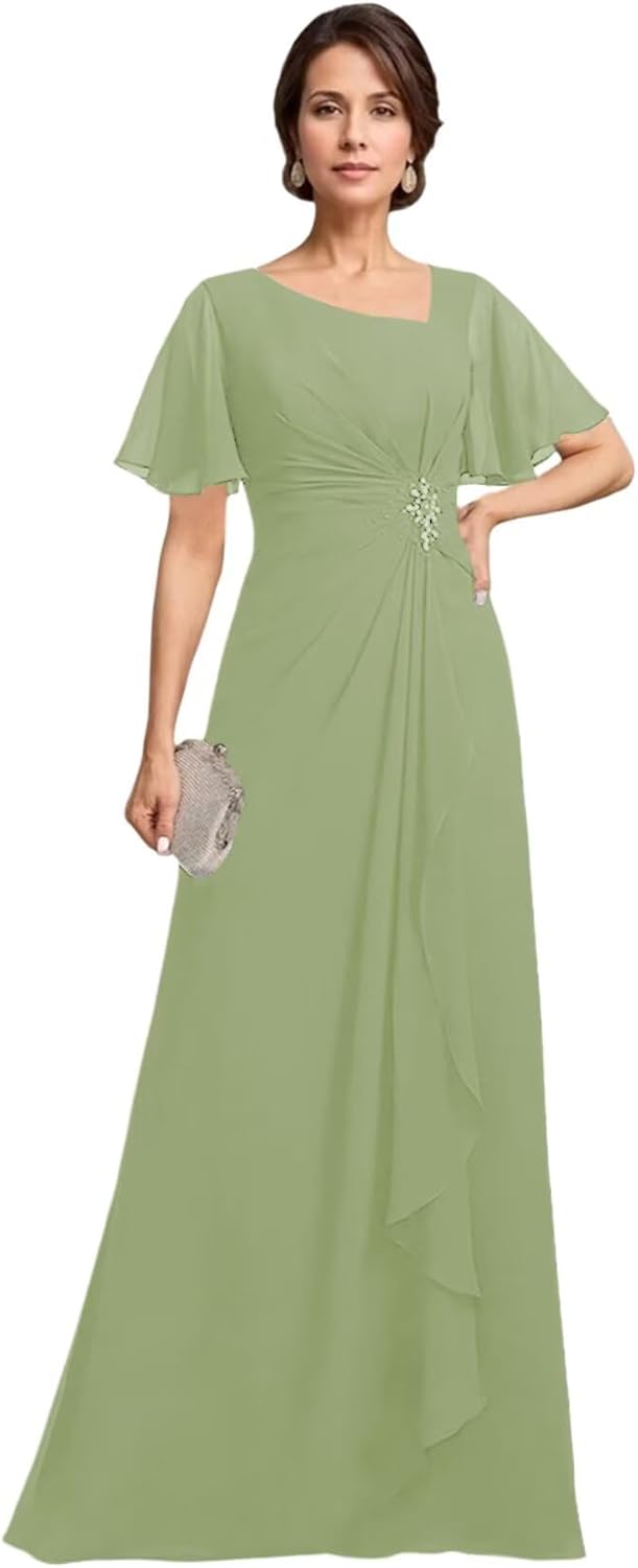 Monvelli Asymmetrical Neck Beading Mother of The Bride Dresses Long Ruffle Chiffon Formal Evening Gowns with Pockets