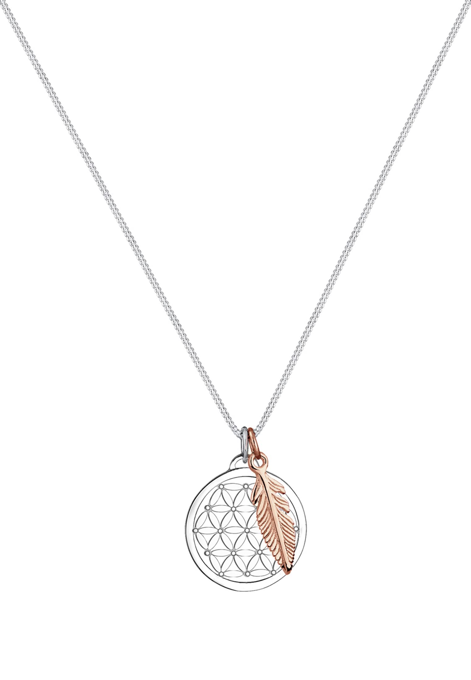 Elli Damen Echtschmuck Halskette Kette Lebensblume Feder Anhänger Bi-Color in 925 Sterling Silber