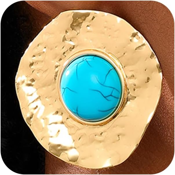 Chunky Gold Turquoise Earrings Dangling for Women Statement, Vintage Hammered Round Disc Small Turquoises Earring Western Jewelry Cowgirl Accessories