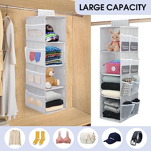 Image of 4-Shelf Hanging Closet Organizer, Space Saver, Closet Hanging Storage Shelves with Mesh Pockets & Magic Tap for Storage, Foldable-Grey