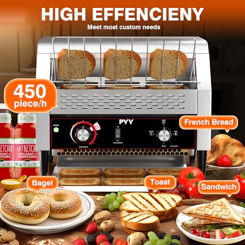 Image of PYY Commercial Conveyor Toaster - Electric Industrial Belt Toasters Oven, 450 Slices /Hour Heavy Duty, Stainless Steel for Bun Bagel Bread Waffle Restaurant Buffet
