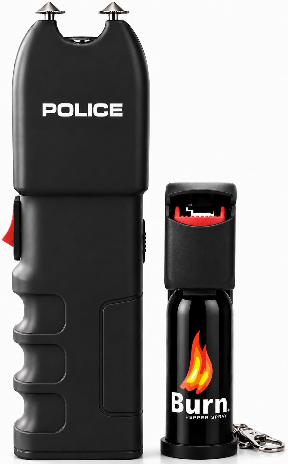 Stun Gun with LED Flashlight Rechargeable + Burn OC Pepper Spray Keychain Combo – Self Defense Kit for Women & Men, Compact Personal Safety, 928 Black