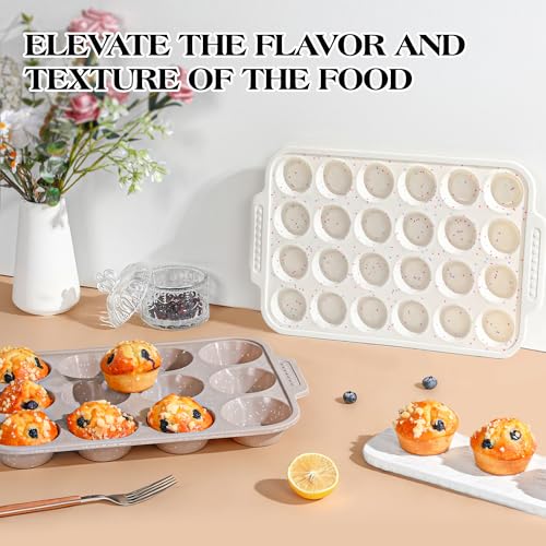 Image of 2 Pcs Silicone Muffin Pans for Baking with Metal Reinforced Frame, Nonstick Cupcake Tray for Oven, 12 Cups Regular and 24 Cups Mini Size Silicone Molds for Egg Bites (Brown, Cream)