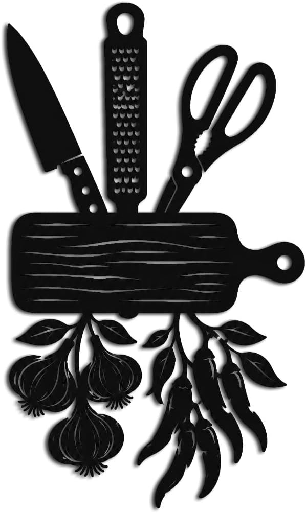 Kitchen Utensils Garlic and Chili Metal Wall Art Decor, Outdoor Decor Metal Signs, Modern Farmhouse Style, Elegant Trendy Wall Decor for Kitchen and Dining Room Wall Hanging (Black,20inch)