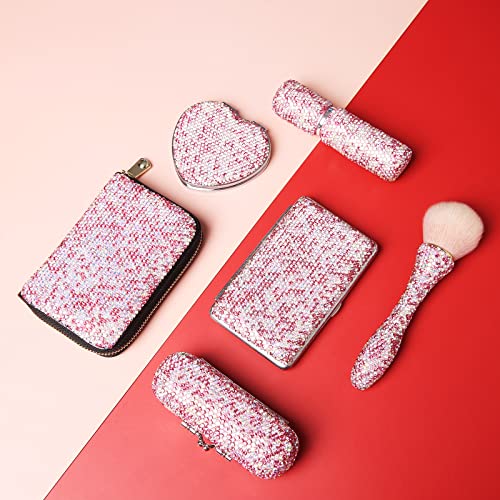 Asalways Rhinestone Compact Pocket Mirror Portable Travel Cute Cosmetic Mirror Folding Handheld Double-Sided 1X/2X Magnifying Purse Mirror(Pink) #TOP6