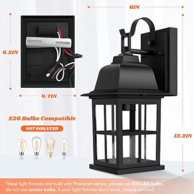 2-Pack Dusk to Dawn Outdoor Wall Lights, Exterior Light Fixtures with Photocell, 100% Anti-Rust Aluminium Outside Black Wall Lanterns, Waterproof Outdoor Wall Sconces for Porch Patio House Garage