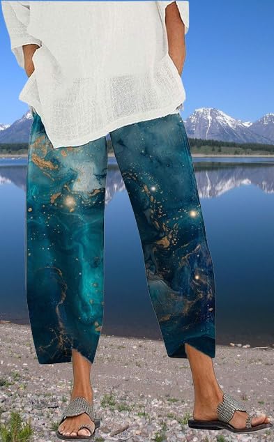 Loose Pants for Women Dressy Lounge Pants Summer Casual Elastic Waist Cotton Trouser Daily Cropped Wide Leg Pants3