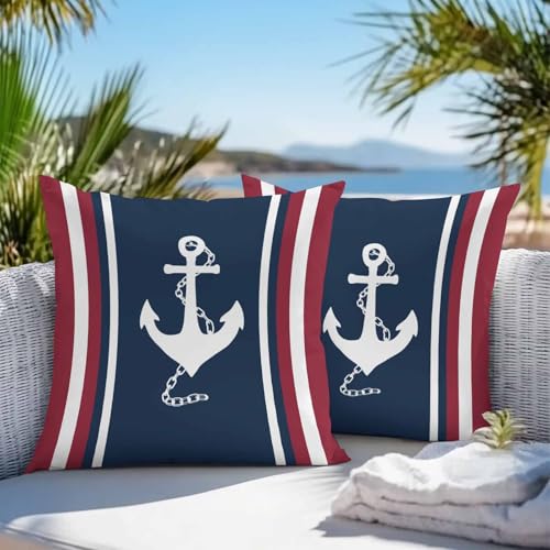 Chucoco Outdoor Waterproof Throw Pillow Cover Nautical White Anchor Navy Blue Red Decorative Pillows Cushion Covers Geometric Color Art 2 Pack Pillow Cases for Patio Garden Balcony Couch Sofa 16x16In