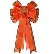 Orange Buffalo Plaid Bow, Fall Bow Thanksgiving Wreath Bows Large Gift Burlap Bow for Tree Topper...