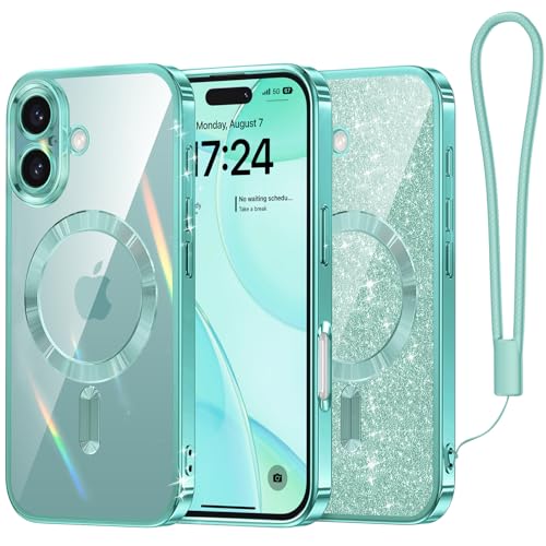 Coque iPhone 16 Plus MagSafe Meifigno bleu sarcelle avec paillettes et dragonne