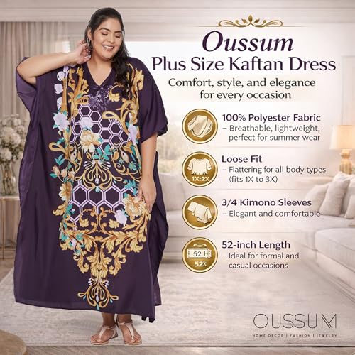 Image of Oussum Women Plus Size Kaftan Kimono Loose Maxi summer dresses for women Beach 3 /4 Sleeve Casual lounge dress Boho