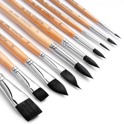 Image of Watercolor Brush Set, Fuumuui 10pcs Professional Synthetic Squirrel Paint Brushes for Artists - Flat, Round Pointed, Dagger, Cats Tongue Oval Wash