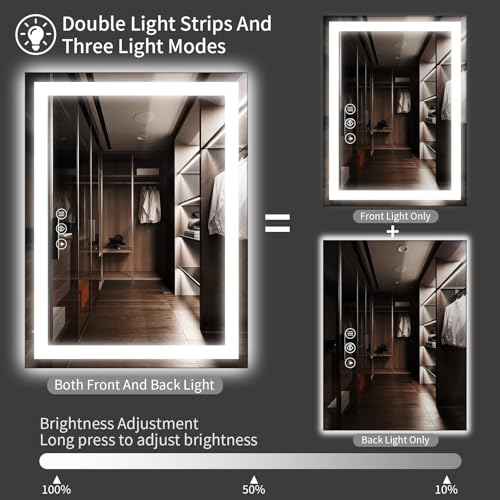 Image of Koonmi 36x60 LED Bathroom Mirror with Lights | Anti-Fog, Backlit + Front Lit, 3 Colors, Dimmable Brightness, Memory Function, Tempered Glass