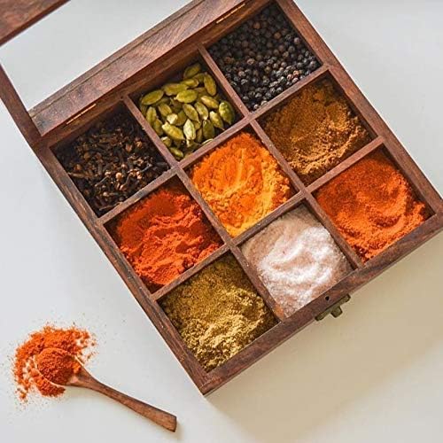 Onvay Sheesham Wood Spice Box with Containers for Kitchen | Wooden Masala Box | Masala Dabba| Spiece Jars