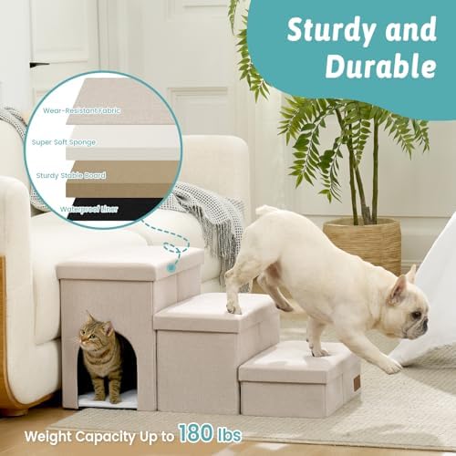 Dog Stairs with Storage, 3-Step Wider Sturdy Dog Steps for Small/Medium/Large Dogs and Older Cats, Doggie Ramp with Condo for Bed/Couch/Car Hold Up to 180 lbs (17.7" H, Beige) - 5