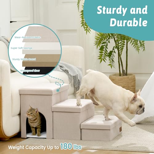 Image of Dog Stairs with Storage, 3-Step Wider Sturdy Dog Steps for Small /Medium /Large Dogs and Older Cats, Doggie Ramp with Condo for Bed /Couch /Car Hold Up to 180 lbs (17.7 inch H, Beige)