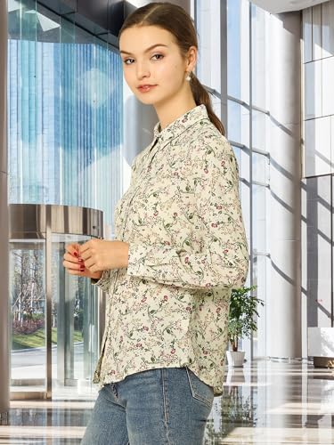 Allegra K Women's Button Down Shirt Work Office Tops Long Sleeve Point Collar Floral Blouse4