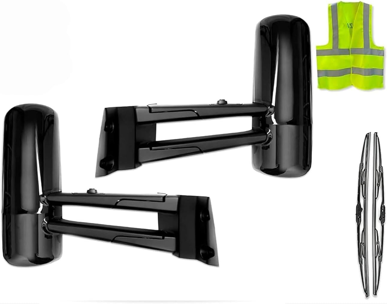 KOZAK Black Door Mirrors With Arms (Right Passenger and Left Driver Pair) Compatible with Kenworth T680 New Gen 2022+ (No Fog) Set of 2 PLUS 2x 22" Wipers, Logo and KOZAK Vest