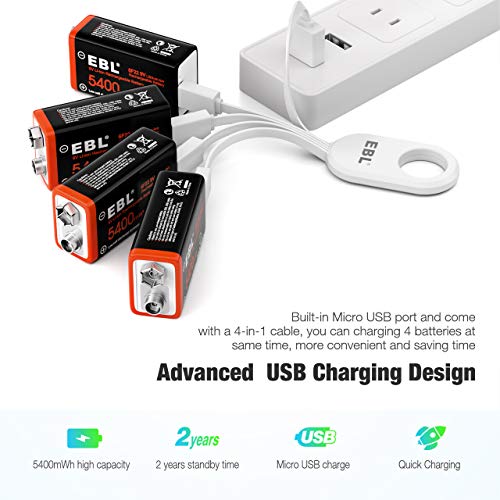 Ebl Usb Rechargeable 9V Lithium Batteries - 5400Mwh Long Lasting Li-Ion Batteries With Micro Charging Cable - Quick Charge In 2 Hours (4 Pack) #TOP2