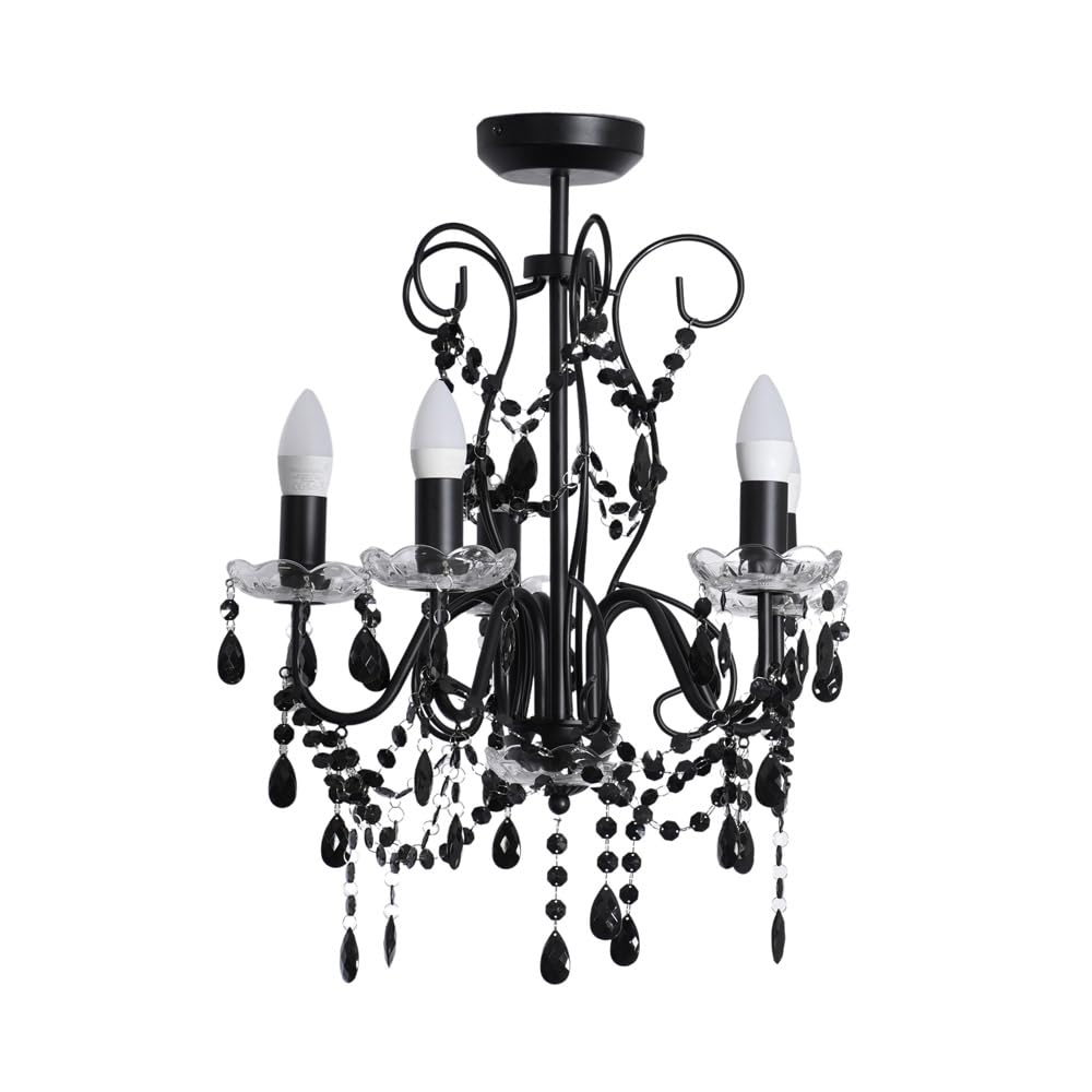ValueLights | Black 5 Way Ceiling Light Chandelier Fitting with Clear Acrylic Jewel Droplets | Chandeliers, Home Décor & Improvement Essential | Includes Bulb | Mains Wired