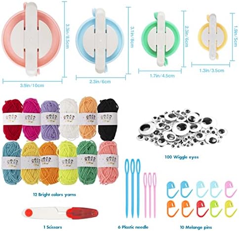 All-in-One Pom Pom Maker Set, JC-Houser 4 Sizes Pompom Makers Fluff Ball Weaver with Yarn Scissors Needles Pins and Decorations, DIY Wool Knitting Craft Tool Kit for Kids and Adult