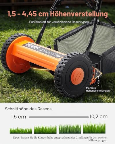 VEVOR Spindelmäher mit 400 mm Schnittbreite, Rasenmäher 15-45 mm einstellbare Schnitthöhe, Handmäher mit 5 Klingen und Grasfangsack, ideal für Rasenflächen, Einfahrten, Innenhöfe