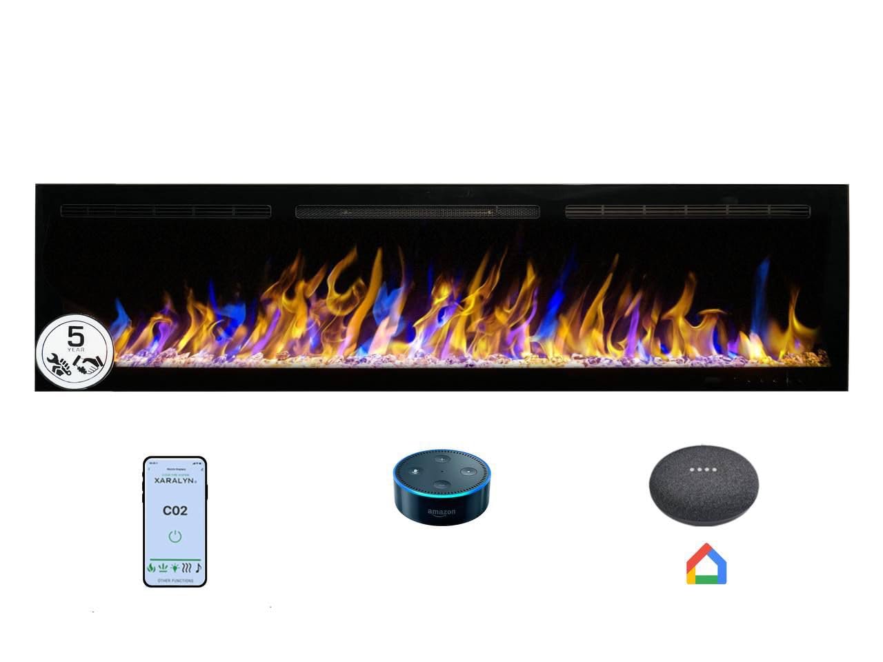 Crystal 72 Pro avec Wi-Fi - Cheminée Électrique Murale, 182,9 cm, 3 Couleurs de Bûches et Flammes, Contrôle Smart Home via Application Mobile et Alexa