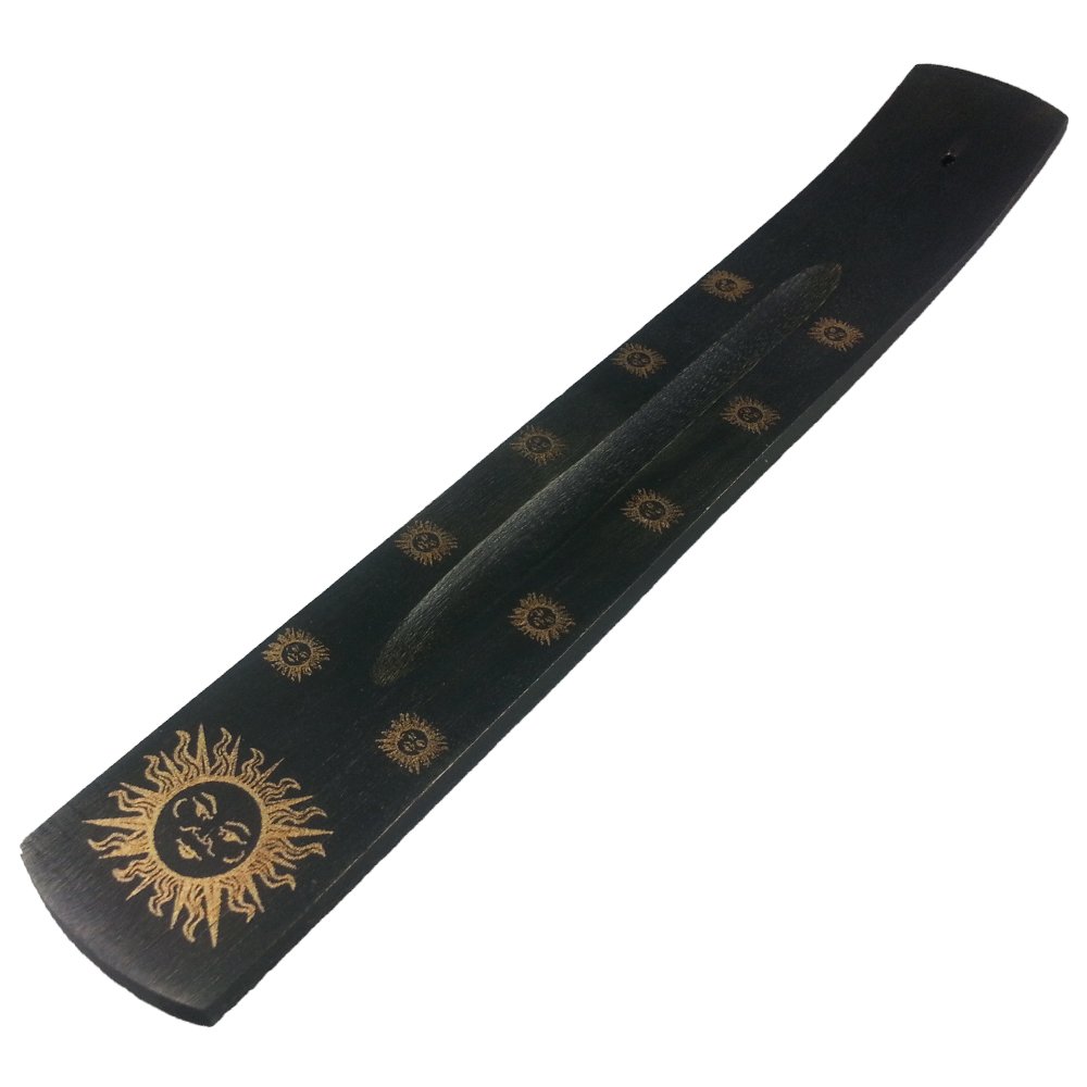 Shiva Golden Sun Incense Tray - Black weathered wood with gold sun motif on a classic incense holder