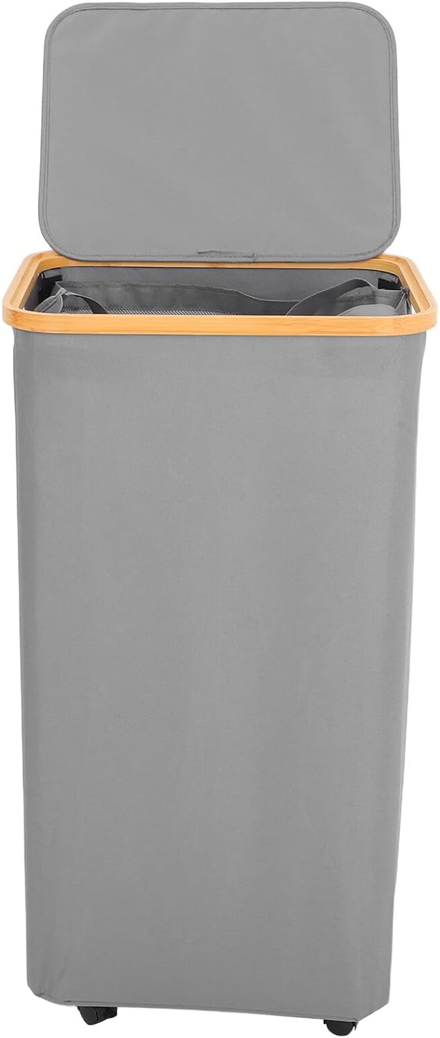 Foldable Laundry Hamper with Lid and Mesh Liner Rolling Laundry Basket with Wheels for Bedroom Dorm Collapsible Dirty Clothes Storage Bin in Grey