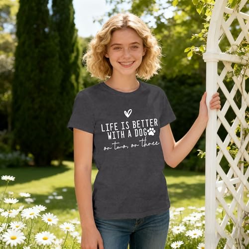CQF Dog Shirt for Women Life is Better with A Dog T-Shirts Pet Dog Lover Tee Cute Paw Tops Grey