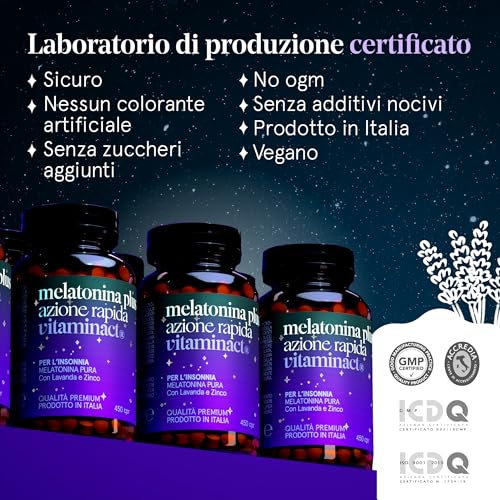 Melatonina Per Dormire Azione Forte - Tecnologia di Tripla Macinazione per un Assorbimento Rapido è a Rilascio Prolungato – 450 Compresse - 1 Mg di Melatonina Pura - Potenziata con Lavanda e Zinco. - 5
