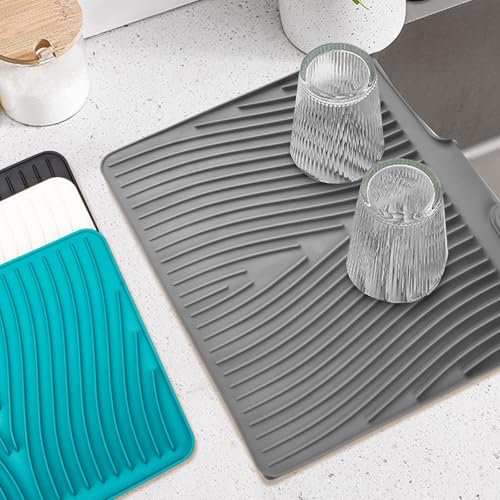 Silikon-Ablaufmatte mit Neigung, 50 x 43 x 2 cm, rutschfester Trockenmatte für die Küche, effiziente Wasserabfuhr durch speziellen Rand und Rillen, ideal zum Abtropfen von Geschirr, Gläsern und Töpfe