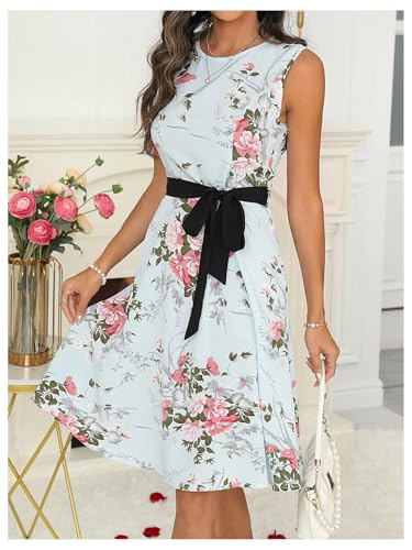 SweatyRocks Women's Floral Print Flared Dress Sleeveless Round Neck Belted A Lined Dresses3