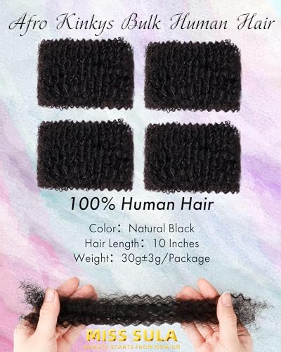 Afro Kinkys Bulk Human Hair Curly Braiding Hair,Hair Extensions 100% Soft Real Human Hair Bulk For Twist Braids,Loc Extensions,10 Inches Natural Black 4 Packs,30gram/Pack