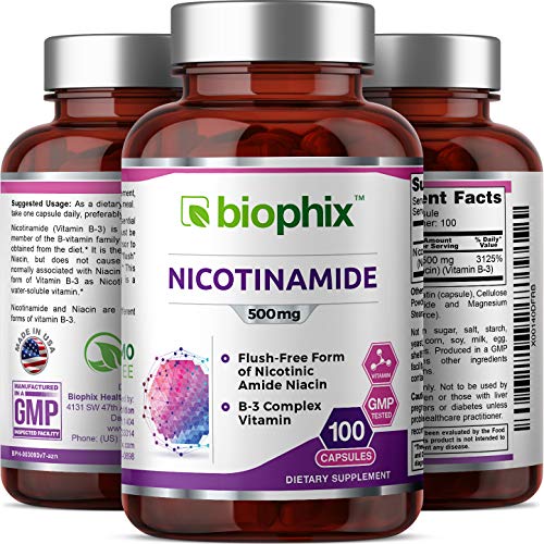 B-3 Nicotinamide 500 Mg 100 Caps - Nicotinic Amide Niacin Natural Flush-Free Vitamin Formula - Supports Skin Cell Health #TOP3